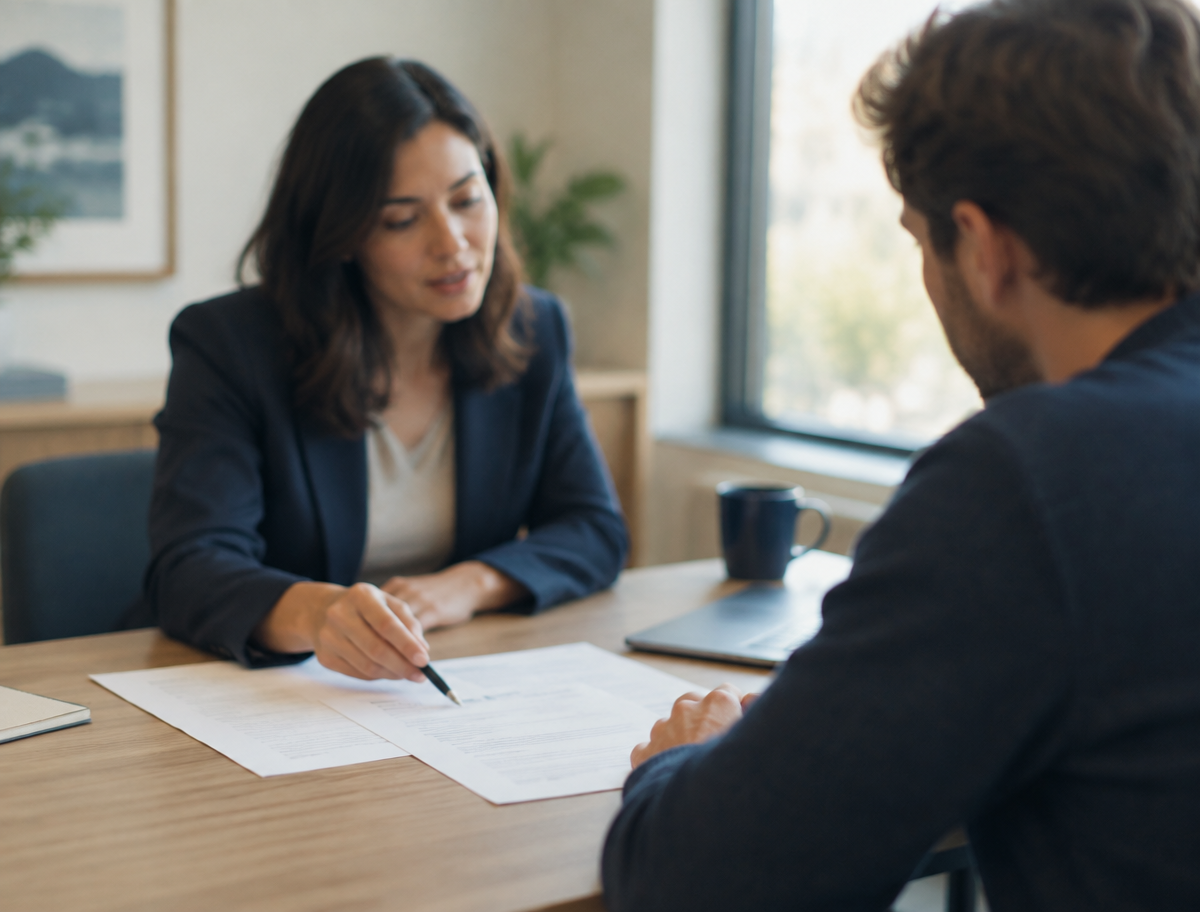 Interview preparation session: a coach reviewing resume documents with a candidate